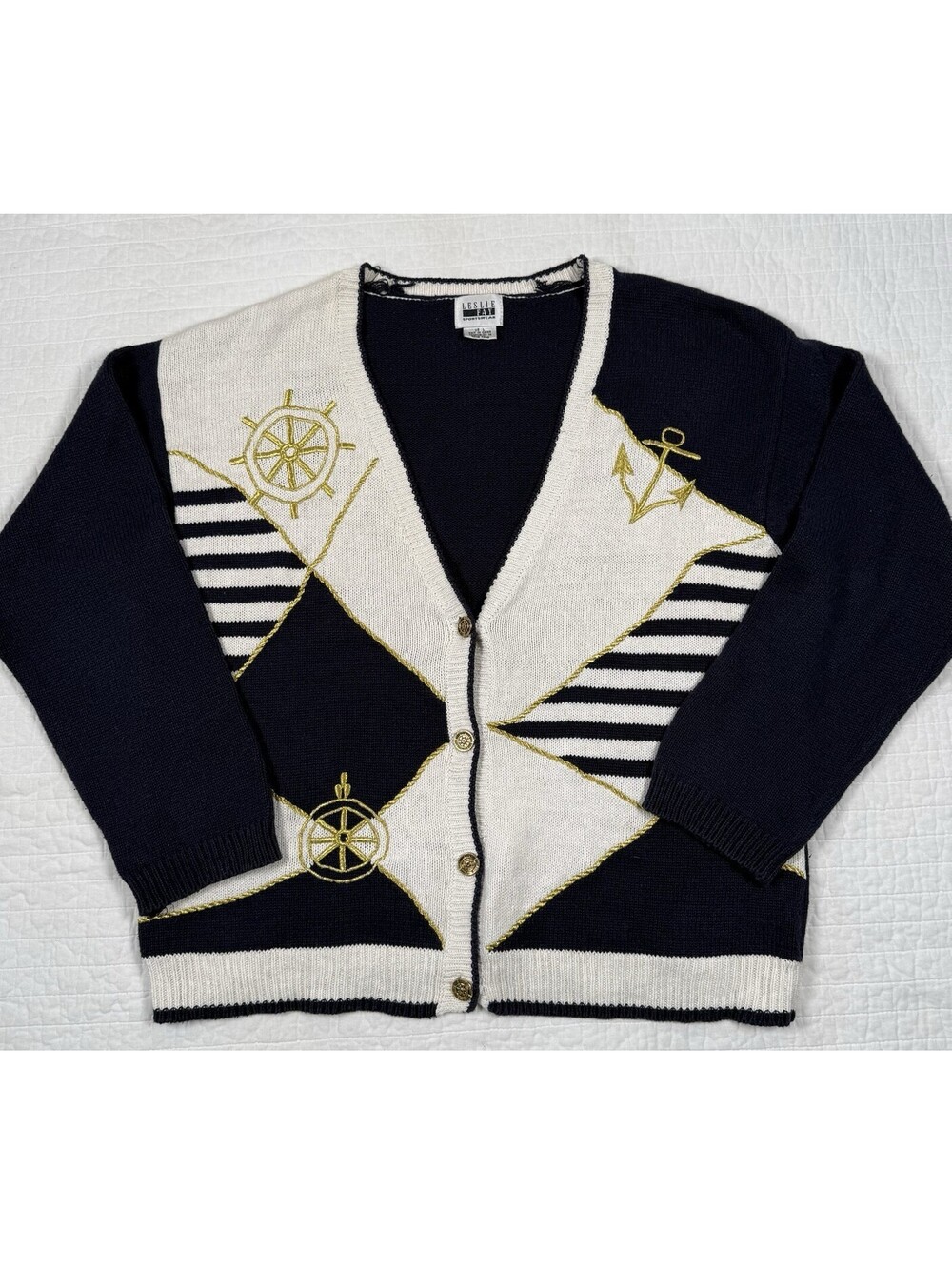Vintage Leslie Fay Womens L Nautical Cardigan Sailor Coastal Grandpa Sweater